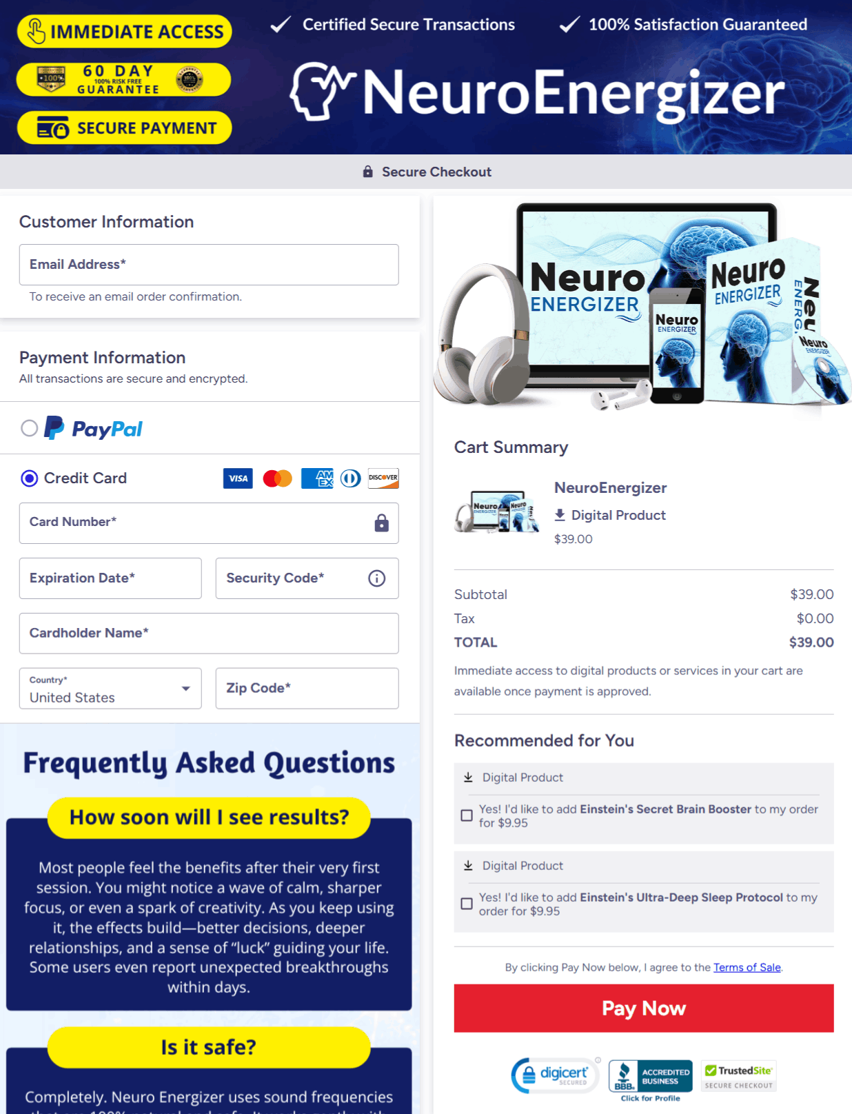 Neuro Energizer checkout page